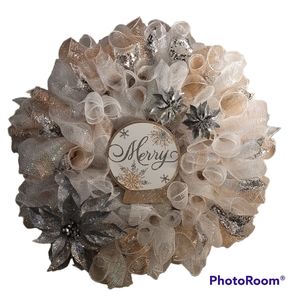 Large Merry Holiday Wreath Rose Gold, with Light Gold, Silver and White sign
